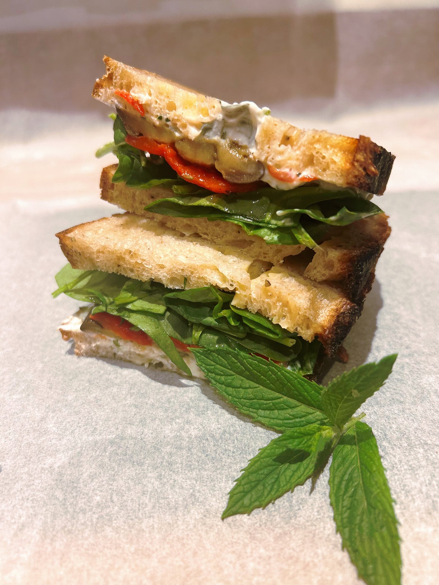 Roasted aubergine, grilled pepper & mint Tzatziki sourdough Sandwich