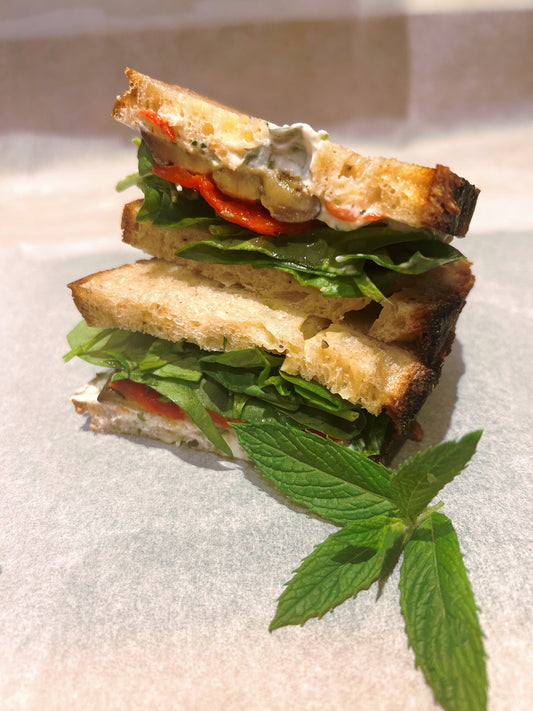 Roasted aubergine, grilled pepper & mint Tzatziki sourdough Sandwich