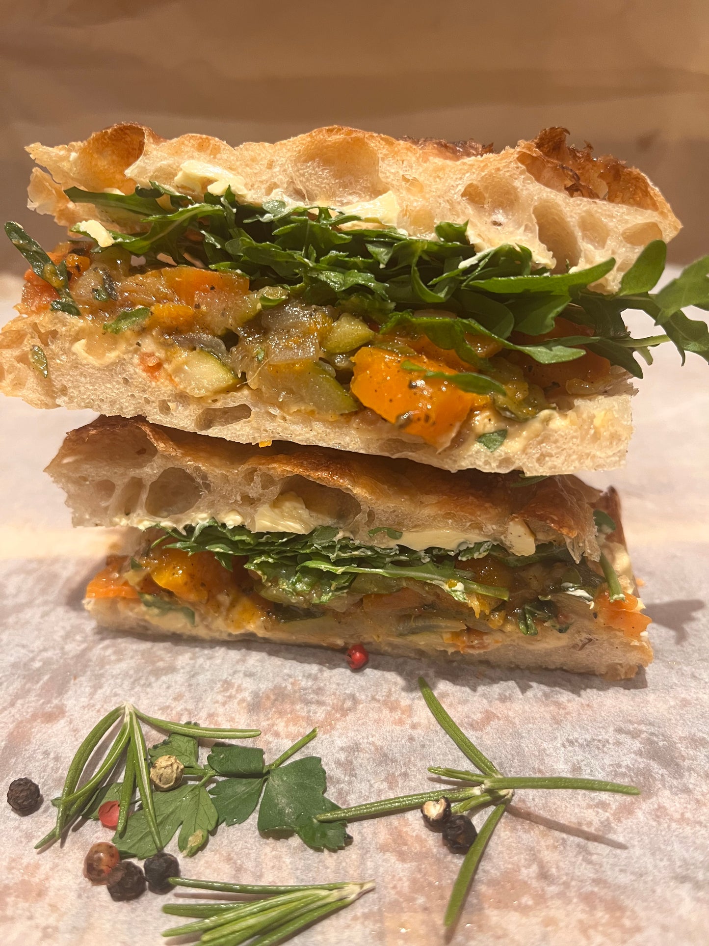 Mediterranean Vegan Roasted Veg & Hummus Focaccia Sandwich
