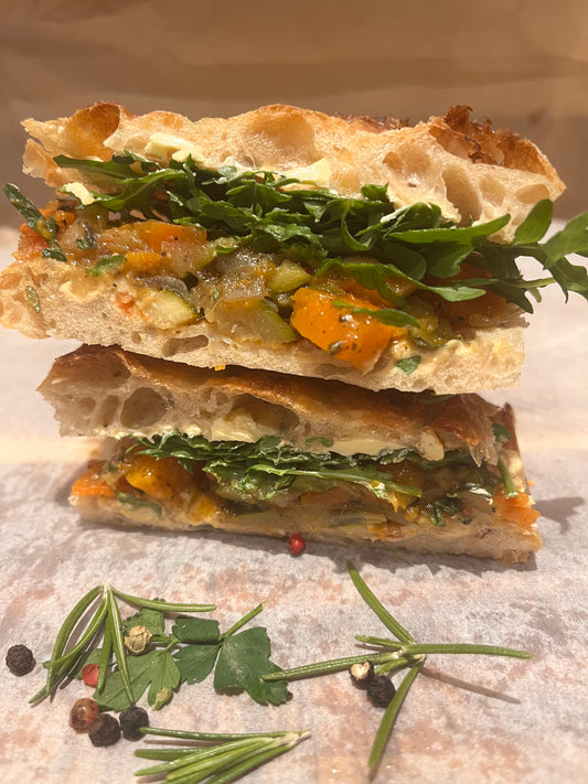 Mediterranean Vegan Roasted Veg & Hummus Focaccia Sandwich