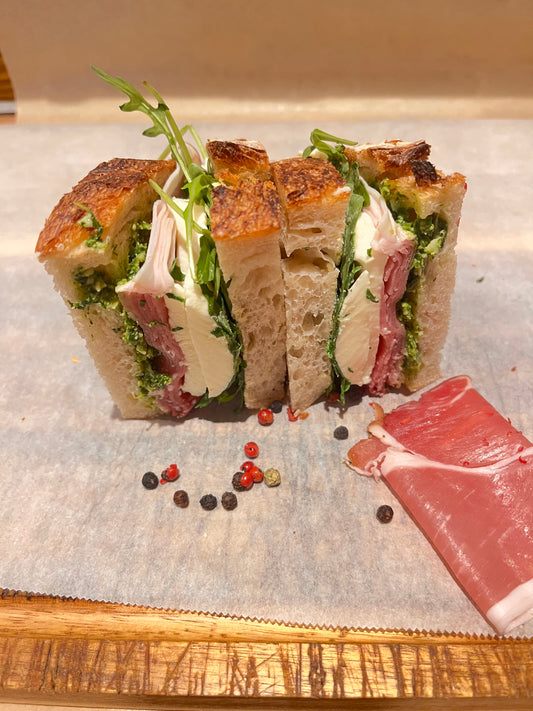 Pesto, Prosciutto & Mozzarella Sourdough Sandwich